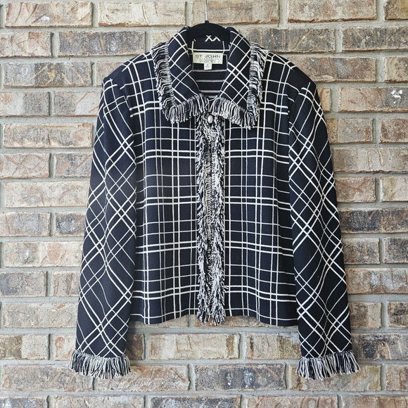 St. John Collection Santana Knit Fringe Black White Jacket Women's Size 16 - Picture 1 of 4